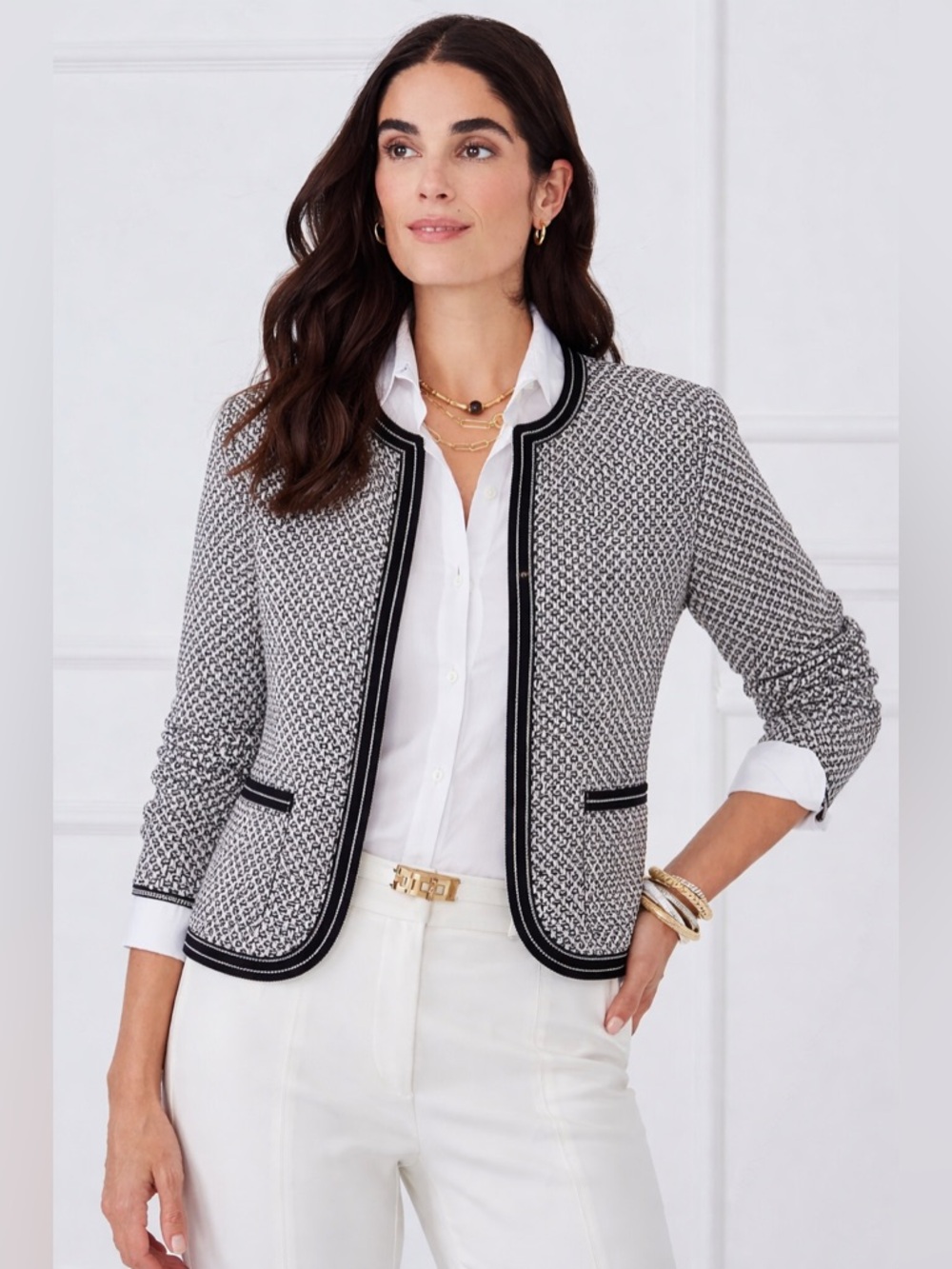 J McLaughlin Black White Textured Cardigan Beaded Trim Preppy Chic Size L
